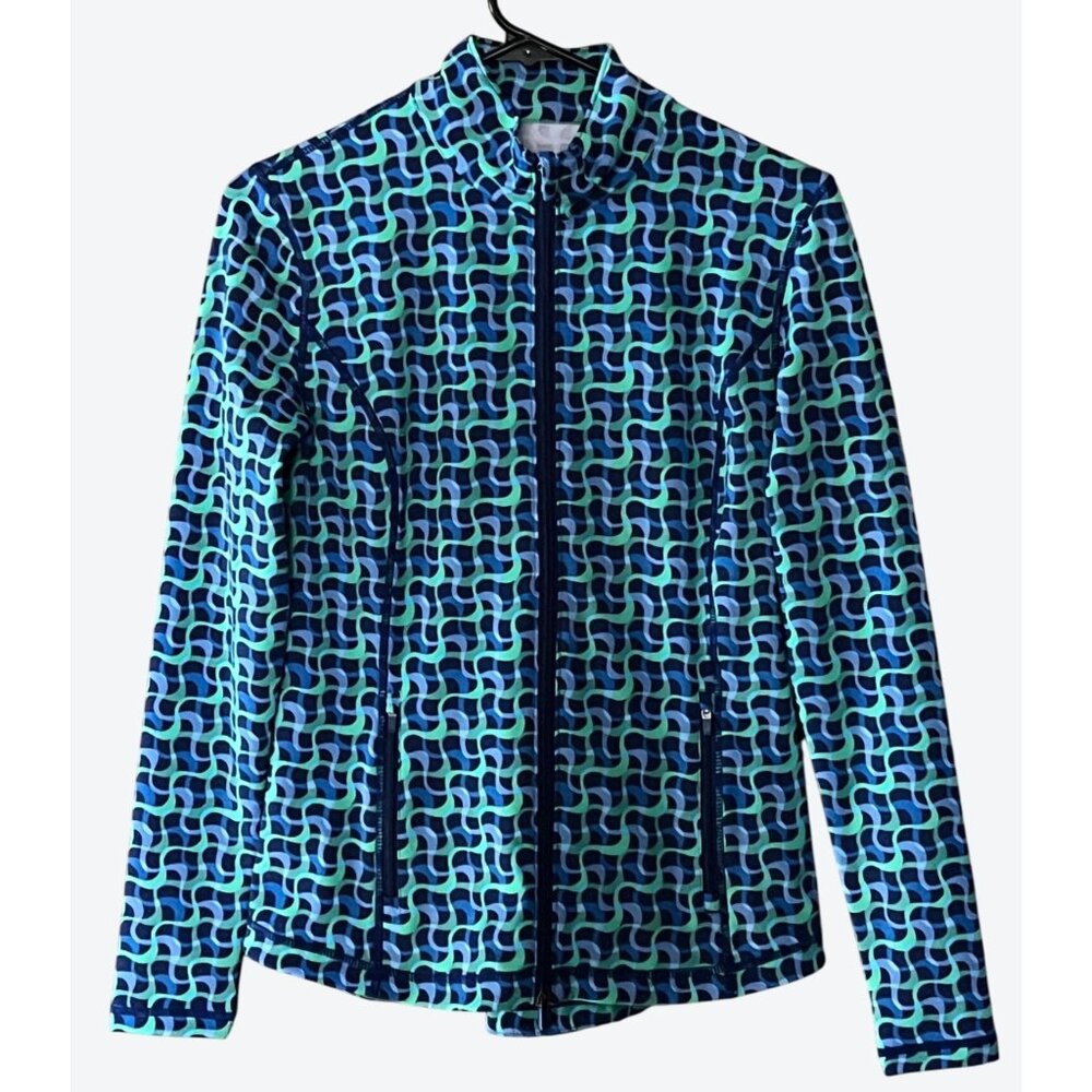 J. Mclaughlin Women's Small Long Sleeve Full Zip Blue Green Geometric Golf Top